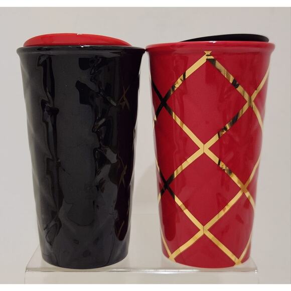 Starbucks Quilted Red Gold & Black Red Ceramic Tumblers Set Of 2 - Picture 4 of 12
